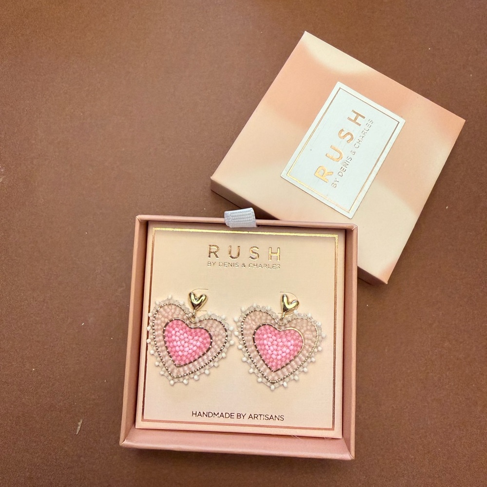 RUSH Pink Beaded Heart Drop Earrings with Gold Accent - Picture 2 of 3